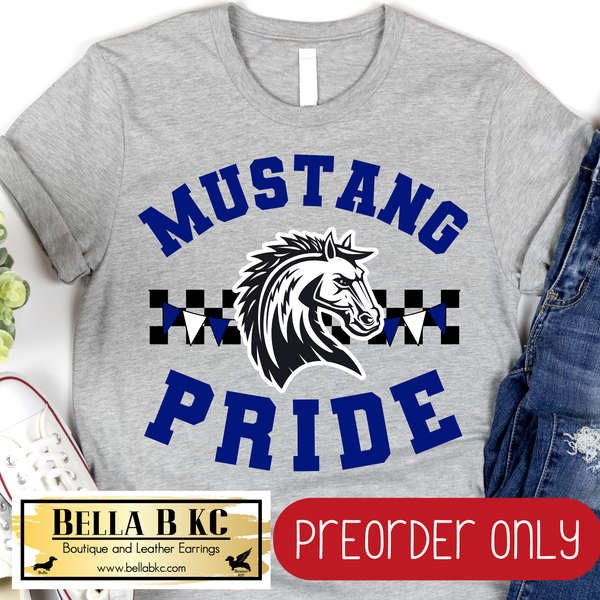 **PREORDER ONLY** Mustang Pride NAVY Checkered Mascot Tee or Sweatshirt - 1 Week Turn Around from Date of Order