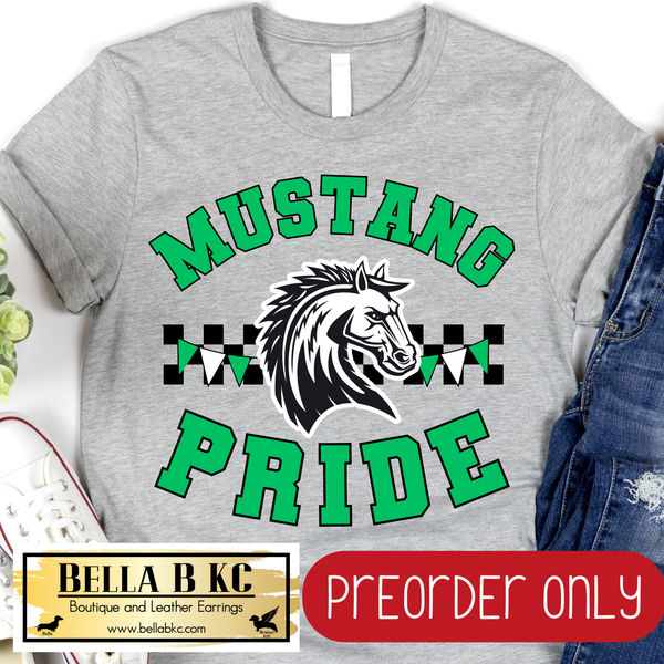 **PREORDER ONLY** Mustang Pride GREEN Checkered Mascot Tee or Sweatshirt - 1 Week Turn Around from Date of Order