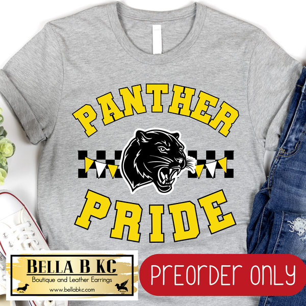 **PREORDER ONLY** Panther Pride YELLOW Checkered Mascot Tee or Sweatshirt - 1 Week Turn Around from Date of Order
