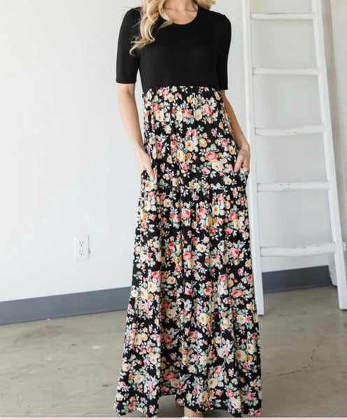 Black and Floral Maxi Long Dress