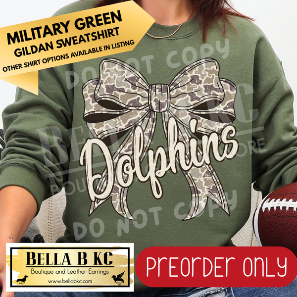 **PREORDER ONLY** Dolphins Camo Coquette Bow - Tee or Sweatshirt - 1 Week Turn Around from Date of Order