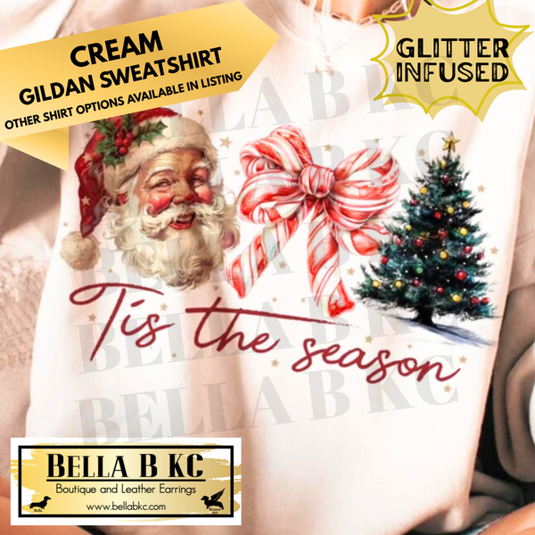 Christmas - Tis the Season Santa, Candy Cane Bow & Tree **GLITTER INFUSED INK** Multiple Shirt Options