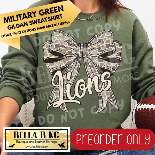 **PREORDER ONLY** Lions Camo Coquette Bow - Tee or Sweatshirt - 1 Week Turn Around from Date of Order