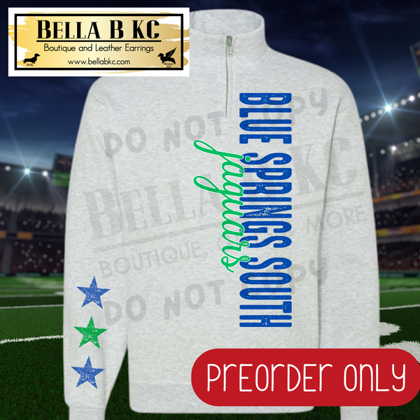 **PREORDER ONLY** Blue Springs South Jaguars Vertical Mascot Quarter Zip or Sweatshirt - 1 Week Turn Around from Date of Order