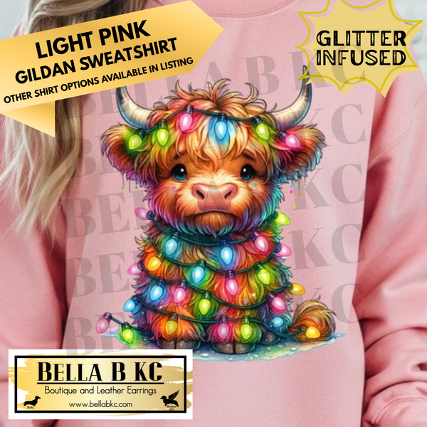 Christmas - Cow in Christmas Lights **GLITTER INFUSED INK** - Multiple Shirt Options