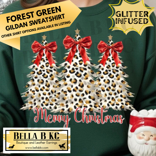 Christmas - Merry Christmas Leopard Trees **GLITTER INFUSED INK** - Multiple Shirt Options