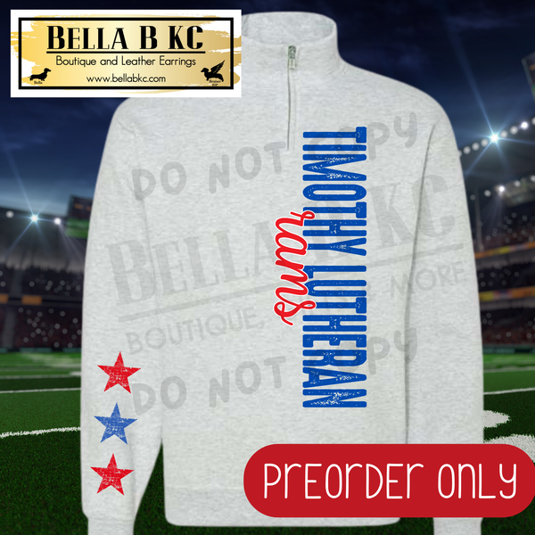 **PREORDER ONLY** Timothy Lutheran Rams Vertical Mascot Quarter Zip or Sweatshirt - 1 Week Turn Around from Date of Order