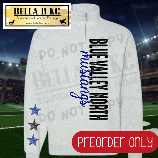 **PREORDER ONLY** Blue Valley North Mustangs Vertical Mascot Quarter Zip or Sweatshirt - 1 Week Turn Around from Date of Order