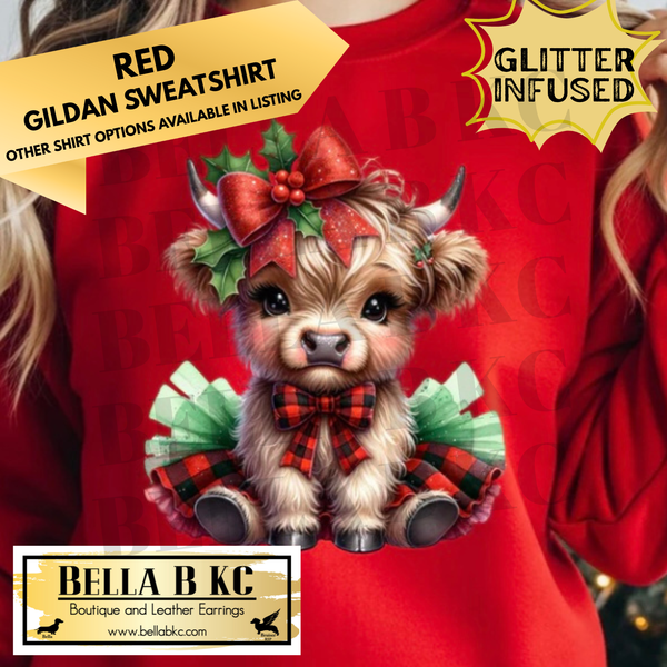 Christmas - Cute Christmas Cow **GLITTER INFUSED INK** - Multiple Shirt Options