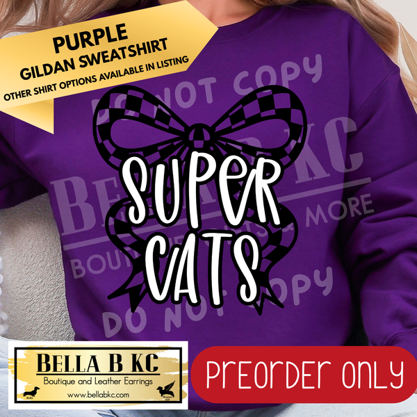 **PREORDER ONLY** Super Cats Checkered Coquette Bow - Tee or Sweatshirt - 1 Week Turn Around from Date of Order