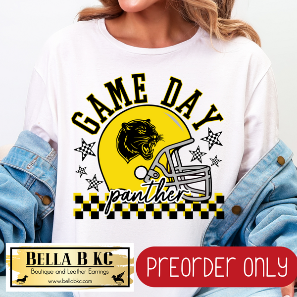 **PREORDER ONLY** Panthers YELLOW Game Day Football Checkered Mascot V1 Tee or Sweatshirt - 1 Week Turn Around from Date of Order