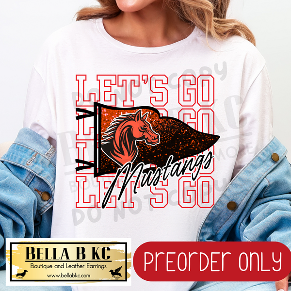 **PREORDER ONLY** Mustangs (RED) - Let's Go Glitter Pennant Flag - Tee or Sweatshirt - 1 Week Turn Around from Date of Order