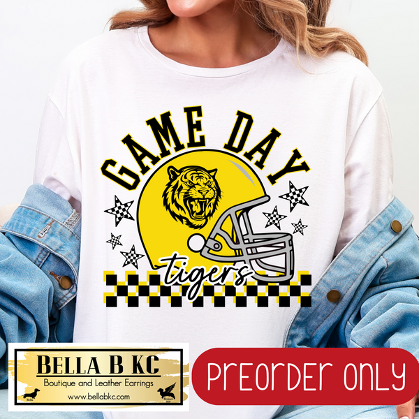**PREORDER ONLY** Tigers Game Day Football Checkered Mascot V1 Tee or Sweatshirt - 1 Week Turn Around from Date of Order