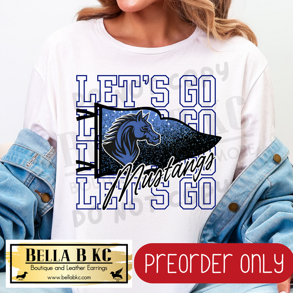 **PREORDER ONLY** Mustangs (NAVY) - Let's Go Glitter Pennant Flag - Tee or Sweatshirt - 1 Week Turn Around from Date of Order