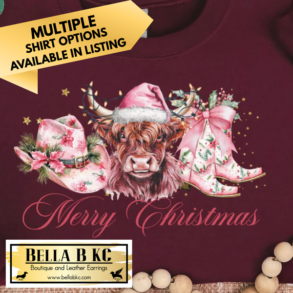 Christmas - Pink Country Western Boots Cow, Cowboy Hat - Multiple Shirt Options