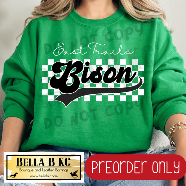 **PREORDER ONLY** East Trails Bison Checkered B/W Mascot - Tee or Sweatshirt - 1 Week Turn Around from Date of Order