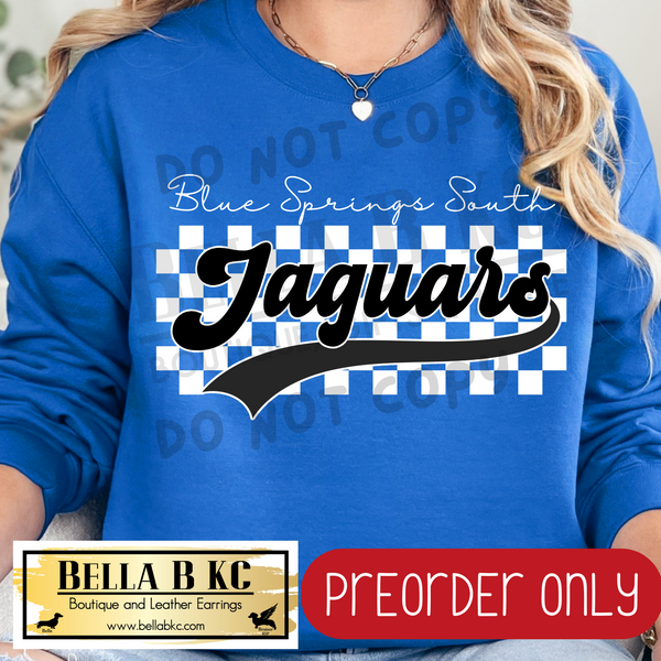 **PREORDER ONLY** BS South Jaguars Checkered B/W Mascot - Tee or Sweatshirt - 1 Week Turn Around from Date of Order