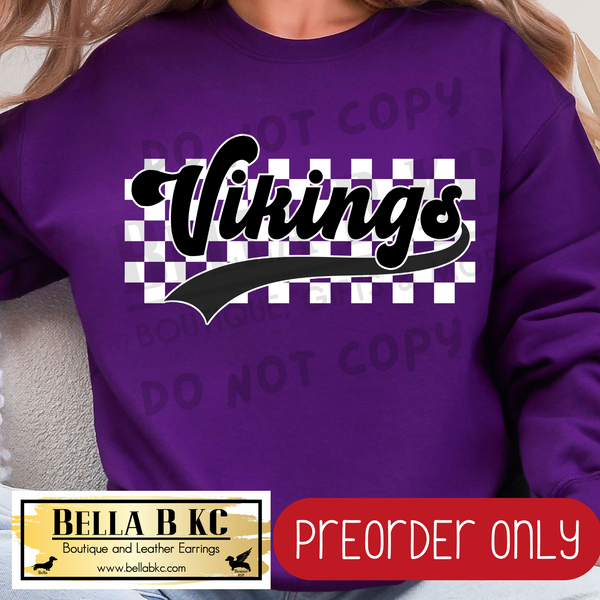 **PREORDER ONLY** Vikings Checkered B/W Mascot - Tee or Sweatshirt - 1 Week Turn Around from Date of Order