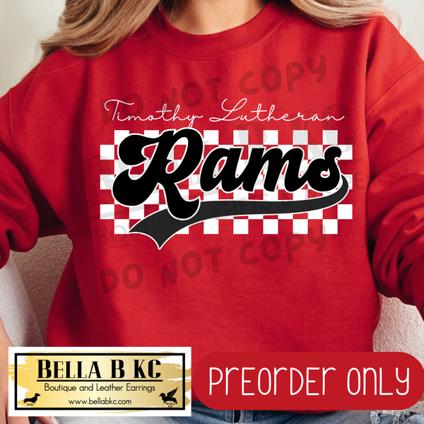 **PREORDER ONLY** Timothy Lutheran Rams Checkered B/W Mascot - Tee or Sweatshirt - 1 Week Turn Around from Date of Order