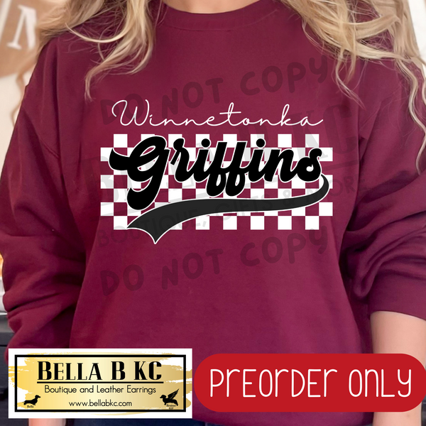 **PREORDER ONLY** Winnetonka Griffins Checkered B/W Mascot - Tee or Sweatshirt - 1 Week Turn Around from Date of Order
