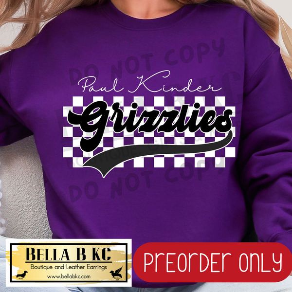 **PREORDER ONLY** Paul Kinder Grizzlies Checkered B/W Mascot - Tee or Sweatshirt - 1 Week Turn Around from Date of Order