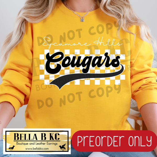 **PREORDER ONLY** Sycamore Hills Cougars Checkered B/W Mascot - Tee or Sweatshirt - 1 Week Turn Around from Date of Order