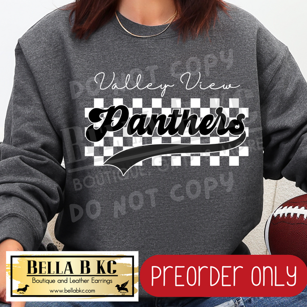 **PREORDER ONLY** Valley View Panthers Checkered B/W Mascot - Tee or Sweatshirt - 1 Week Turn Around from Date of Order