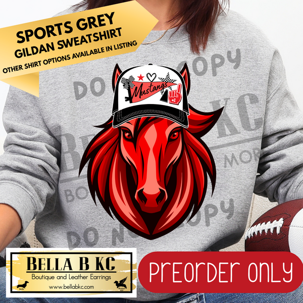 **PREORDER ONLY** Mustangs RED Trucker Hat Tee or Sweatshirt - 1 Week Turn Around from Date of Order