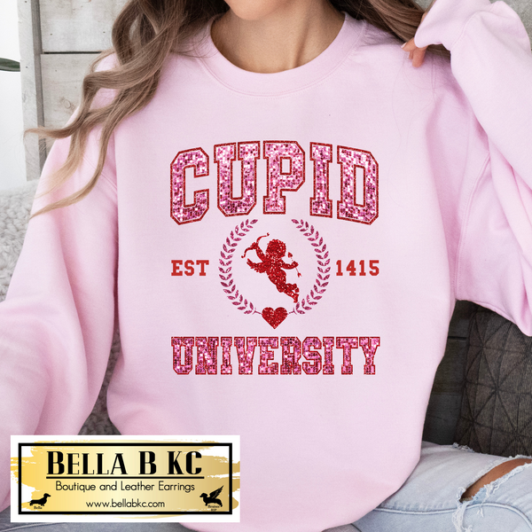 Valentine - Cupid University FAUX Glitter Tee or Sweatshirt