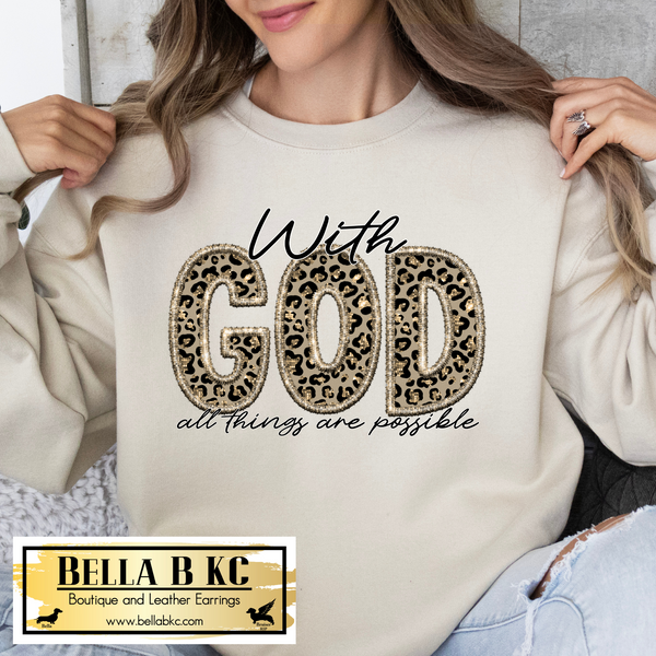 Faith - With God All Things are Possible Leopard Faux Embroidery Tee or Sweatshirt