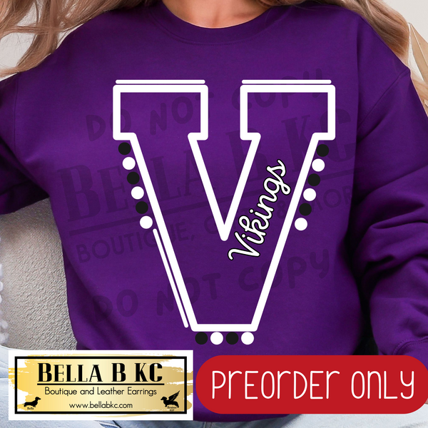 **PREORDER ONLY** Vikings V Lines/Dots B/W - Tee or Sweatshirt - 1 Week Turn Around from Date of Order