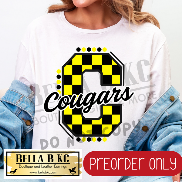 **PREORDER ONLY** Cougars C YELLOW Checkered - Tee or Sweatshirt - 1 Week Turn Around from Date of Order