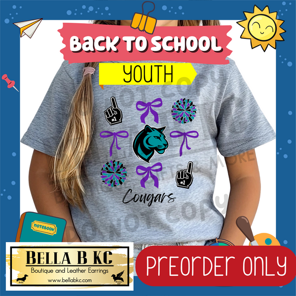 **PREORDER ONLY** TODDLER/YOUTH Cougars Purple/Teal Coquette Bows Mascot Tee or Sweatshirt - 1 Week Turn Around from Date of Order
