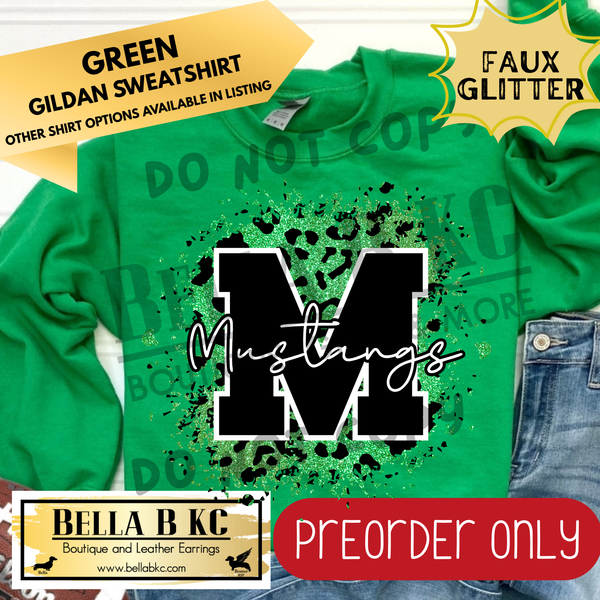 **PREORDER ONLY** Mustangs Green FAUX Leopard Glitter - Tee or Sweatshirt - 1 Week Turn Around from Date of Order