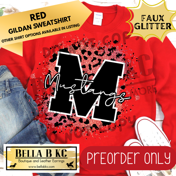 **PREORDER ONLY** Mustangs Red FAUX Leopard Glitter - Tee or Sweatshirt - 1 Week Turn Around from Date of Order