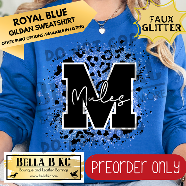 **PREORDER ONLY** Mules Blue FAUX Leopard Glitter - Tee or Sweatshirt - 1 Week Turn Around from Date of Order