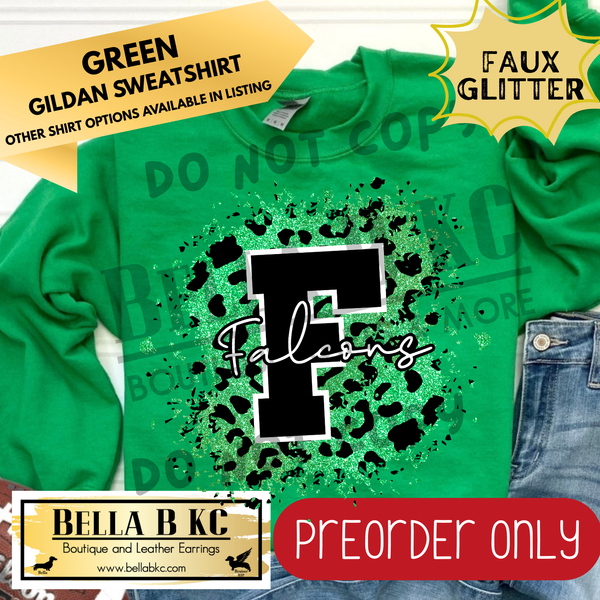 **PREORDER ONLY** Falcons Green FAUX Leopard Glitter - Tee or Sweatshirt - 1 Week Turn Around from Date of Order