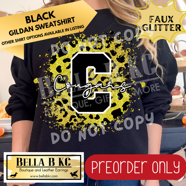 **PREORDER ONLY** Cougars Yellow FAUX Leopard Glitter - Tee or Sweatshirt - 1 Week Turn Around from Date of Order