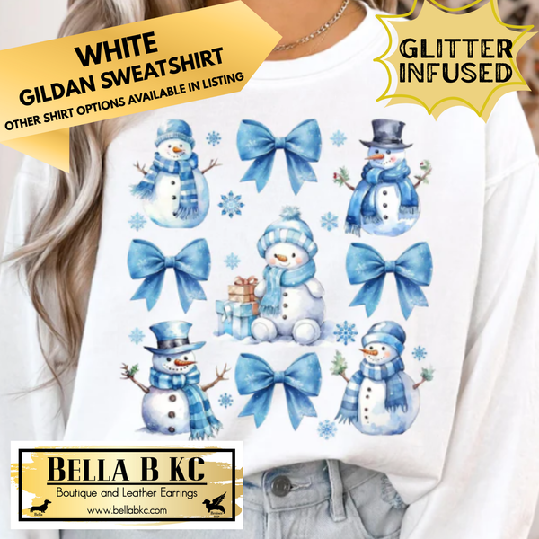 Winter - Blue Coquette Snowman & Bows *GLITTER INFUSED INK* - Multiple Shirt Options