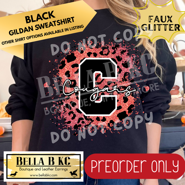 **PREORDER ONLY** Cougars Red FAUX Leopard Glitter - Tee or Sweatshirt - 1 Week Turn Around from Date of Order