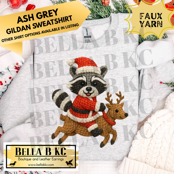 Christmas - Racoon Riding a Reindeer *FAUX YARN* - Multiple Shirt Options