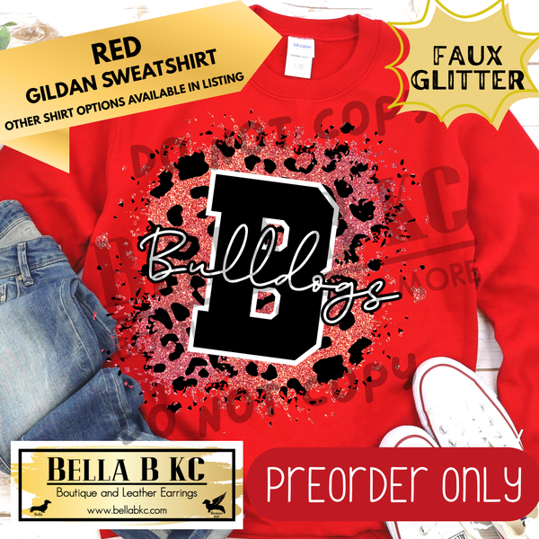 **PREORDER ONLY** Bulldogs Red FAUX Leopard Glitter - Tee or Sweatshirt - 1 Week Turn Around from Date of Order