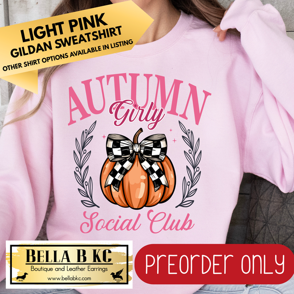 **PREORDER ONLY** Fall - Autumn Girly Social Club Checkered Bow #81 - Tee or Sweatshirt - 1 Week Turn Around from Date of Order