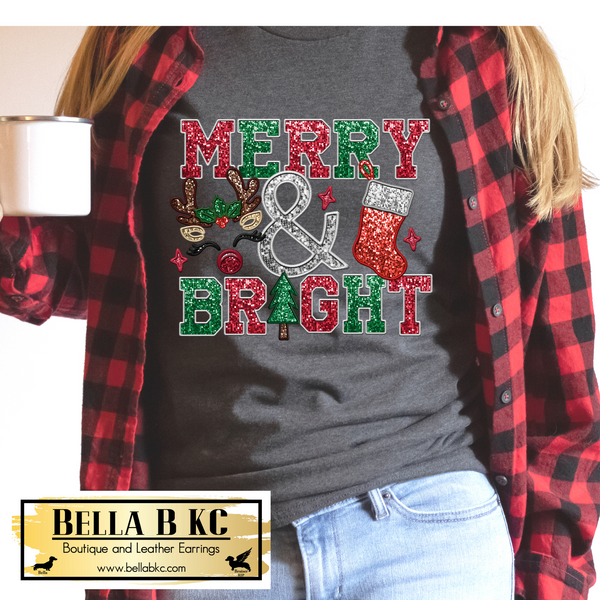 Christmas - Merry & Bright Faux Sequins Tee or Sweatshirt