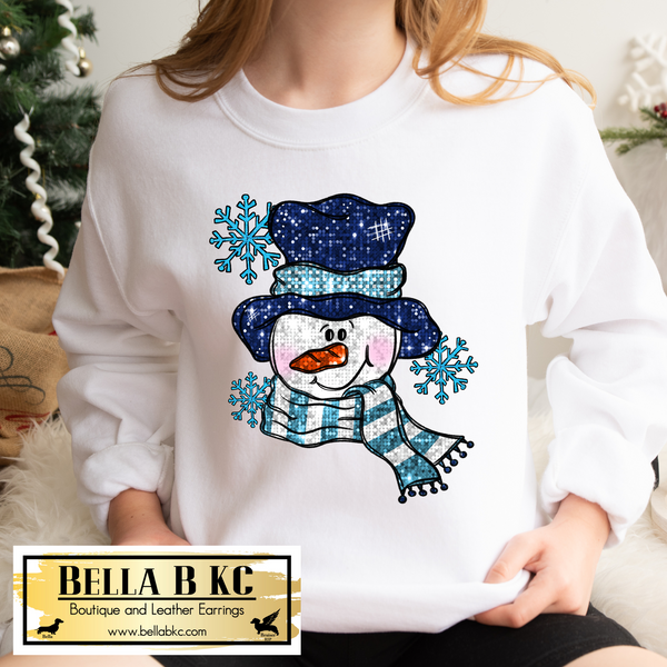 Christmas - Blue Snowman Faux Sequins Tee or Sweatshirt
