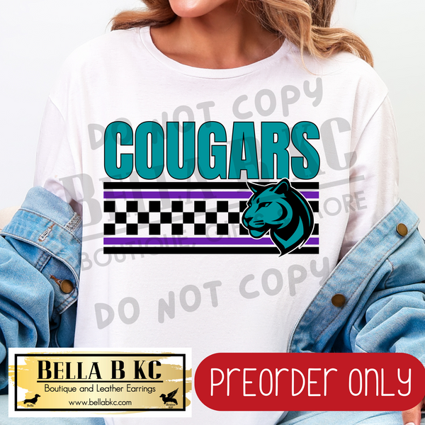 **PREORDER ONLY** Cougars Purple/Teal Checkered Lines Mascot Tee or Sweatshirt - 1 Week Turn Around from Date of Order