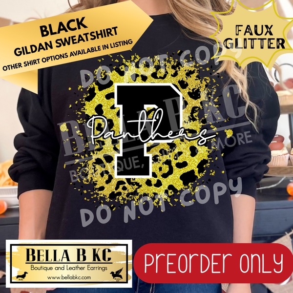**PREORDER ONLY** Panthers YELLOW FAUX Leopard Glitter - Tee or Sweatshirt - 1 Week Turn Around from Date of Order