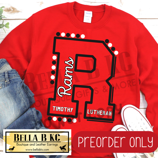 **PREORDER ONLY** Timothy Lutheran Rams R Lines/Dots B/W - Tee or Sweatshirt - 1 Week Turn Around from Date of Order