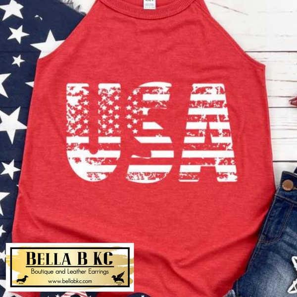 Patriotic - USA Flag Grunge White Print Tee