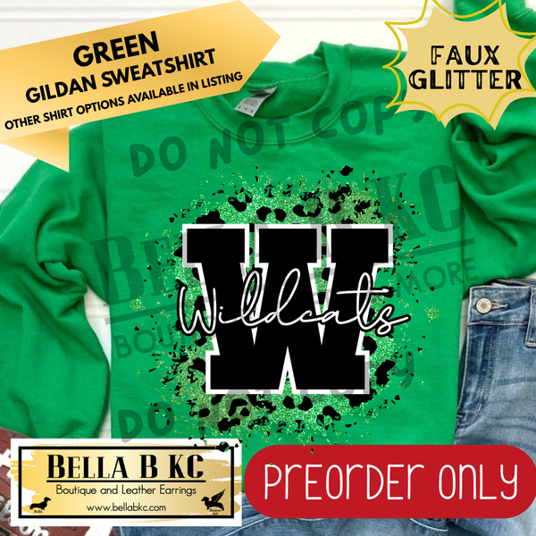 **PREORDER ONLY** Wildcats Green FAUX Leopard Glitter - Tee or Sweatshirt - 1 Week Turn Around from Date of Order